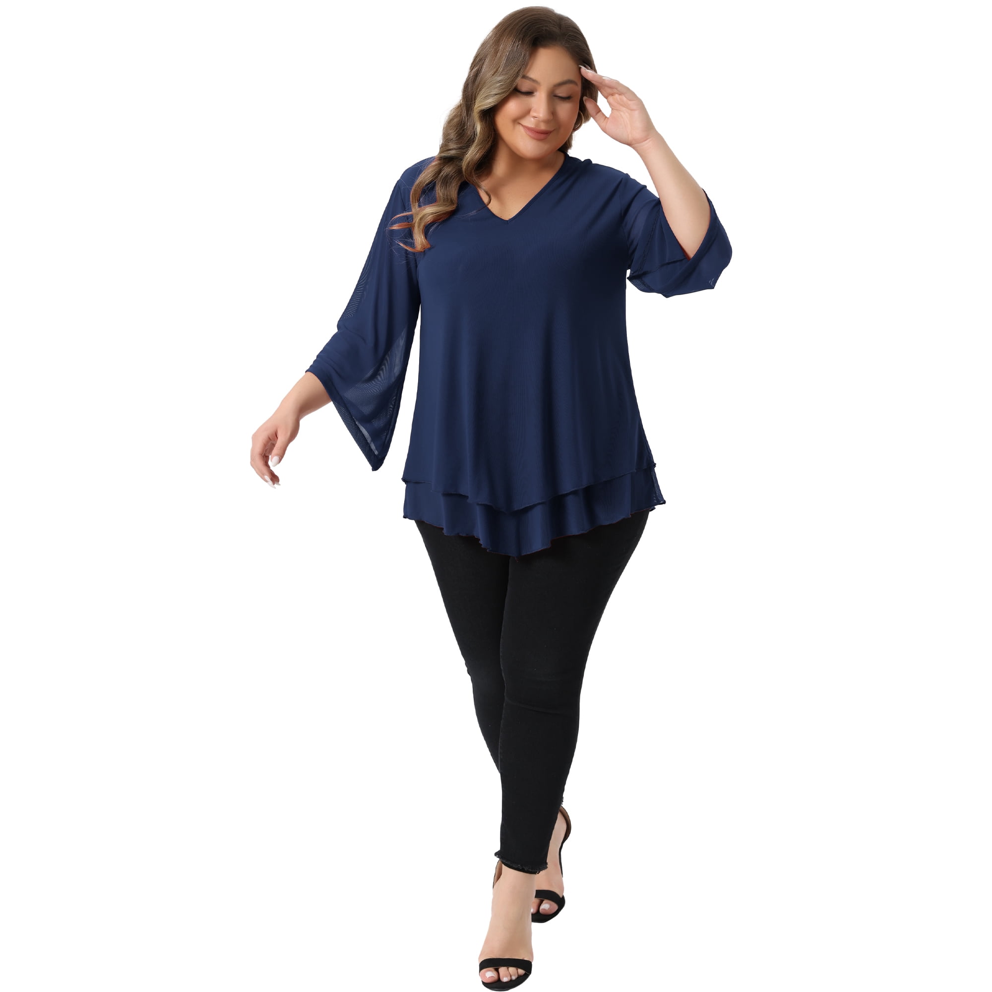 DARING DIVA Women's Plus Shirt 3/4 Sleeve Scoop Neck Double Layers Blouse Top 4X Navy Blue