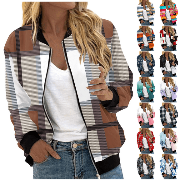 QATAINLAV Zip Up Jackets for Women Cropped Bomber Jacket Lightweight Casual Color Block Outerwear Fashion Baseball Jackets with Pockets