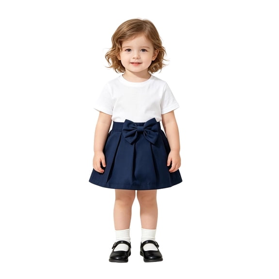 Girls Bow High Waist Pleated A Line Mini Skirt Summer Skater Skirts Uniform for Back to School(Navy,9-12 Months)