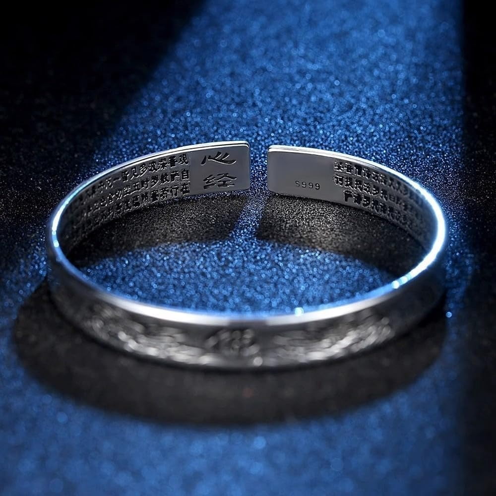 Retro 999 Silver Feng Shui Bracelet, Tibetan Buddhist Pixiu Bracelet for Men Women, Heart Sutra Mantras Amulet Exorcism Jewelry, Wealth Protection, Ward Off Evil Spirits Bracelet