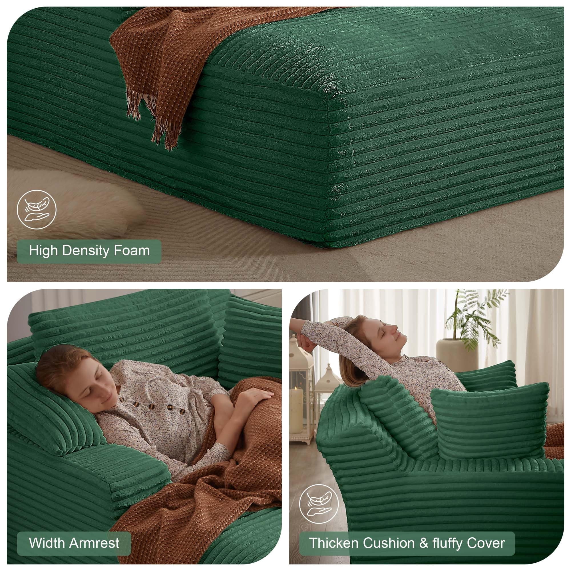 Aukfa 66" Oversized Chaise Lounge Indoor Boneless Couch Plush Sofa Bed for Living Room, 3Pillows, Green