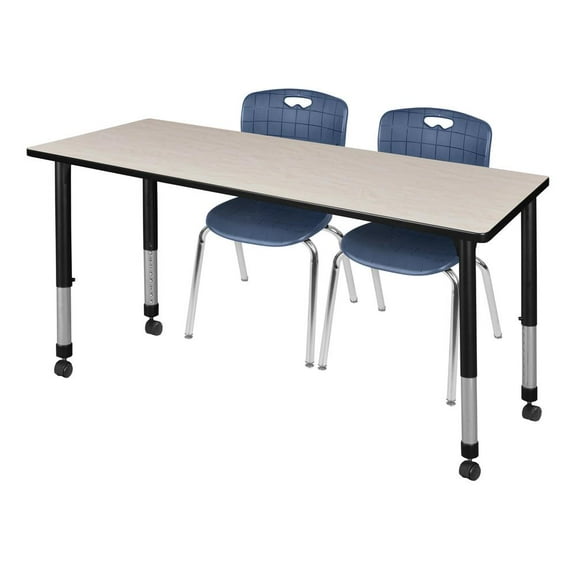 Regency Kee 72" x 30" Height Adjustable Mobile Classroom Table - Maple & 2 Andy 18-in Stack Chairs- Navy Blue