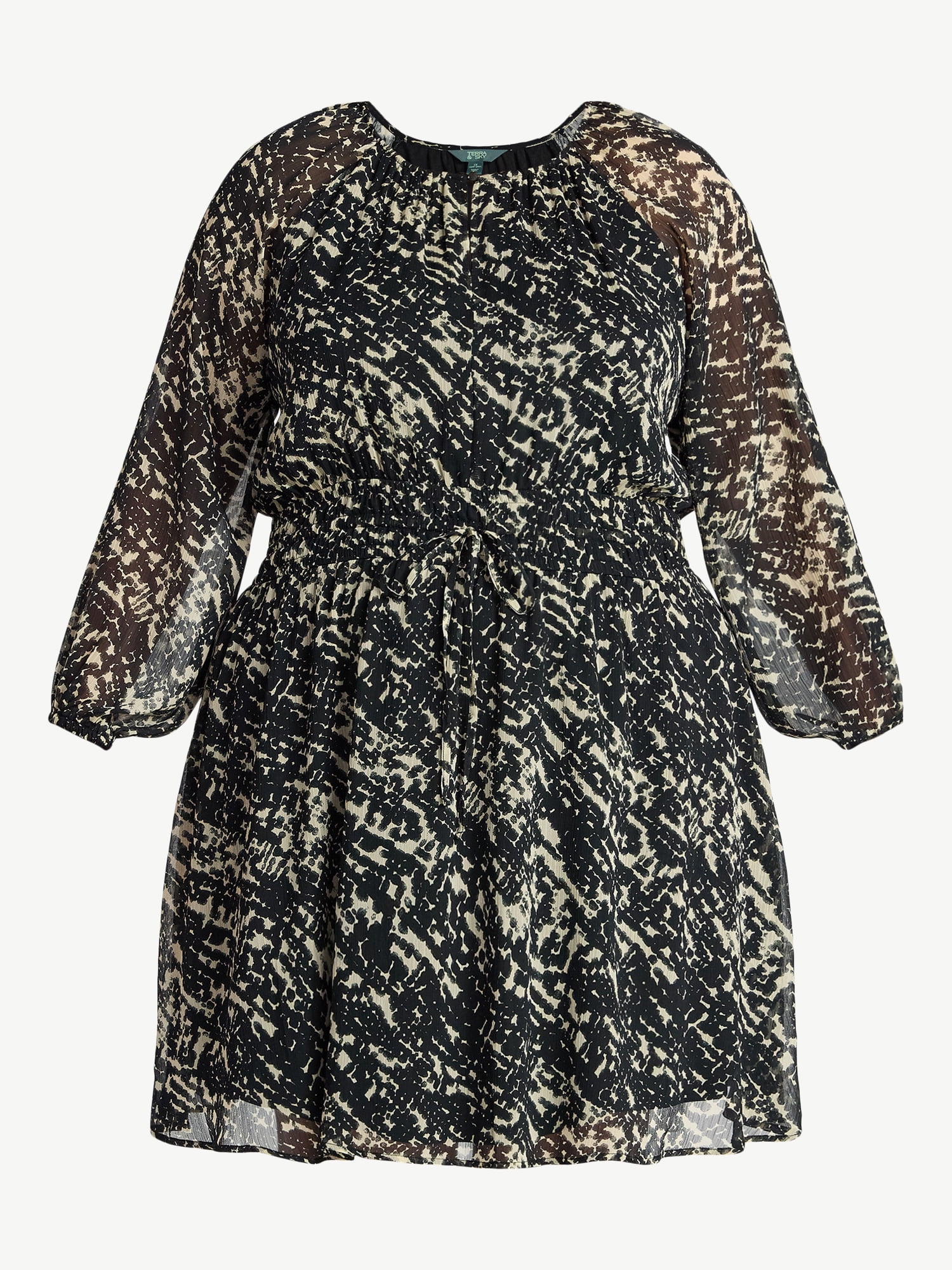 Terra & Sky Women's Plus Chiffon Cinched Mini Dress with Blouson Sleeves, Sizes 0X-5X