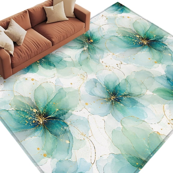 Green Floral Area Rug 5x7 Washable Rug Non Slip Vintage Country Ink Flowers Retro Golden Lines Large Area Rug Soft Stainresistant Indoor Floor Carpet for Living Room Bedroom Home Office Dining Room