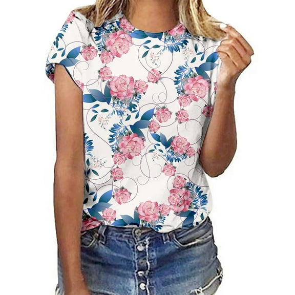 Floral Print Round Neck Short Sleeve T Shirt For Women Spring Summer Casual Top