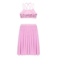 thumbnail image 4 of YONGHS Kids Girls Shiny Sequins Crop Top Skirt Set Lyrical Dance Modern Latin Costume 6-14 Pink 10-12, 4 of 7