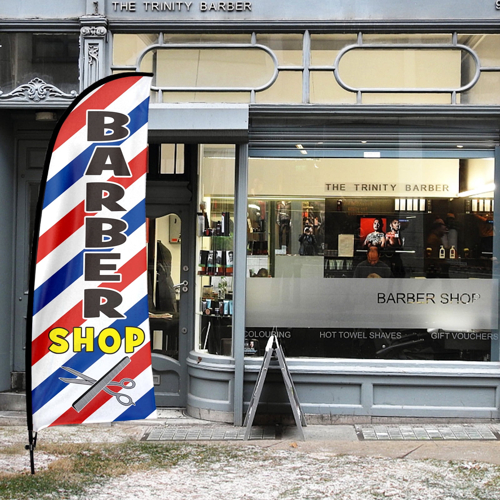 QSUM Barber Shop Feather Flag with Flag Pole Kit and Ground Spike, 7FT Barber Shop Windless Flag Banner Sign Business for Haircut Outdoor Advertising Sign Decoration Display