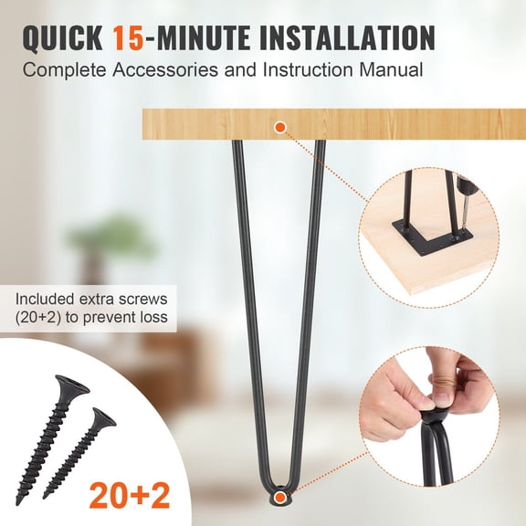 Modern Hairpin Table Legs 19", 4-Pack Black Metal Furniture Legs for DIY Desk, Nightstand, Coffee Table, 500lbs Load, Non-Scratch Rubber Feet