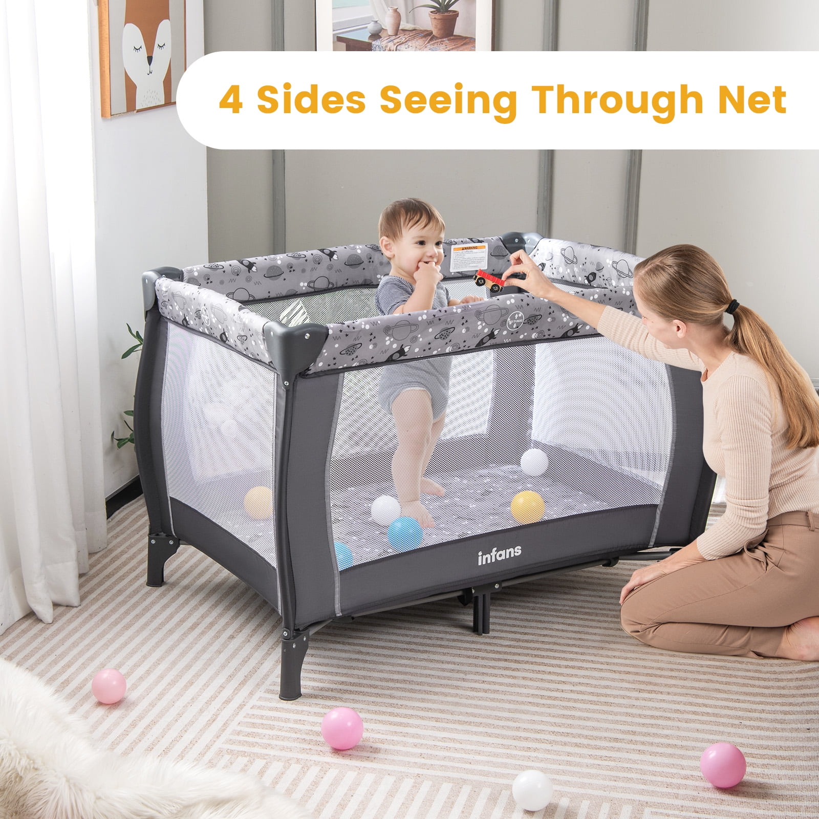 INFANS 4 in 1 Pack and Play, Portable Travel Baby Playard with Bassinet, Changing Table, Canopy, Mosquito Net, Hanging Toys, Music Box, Storage Bag, Large Playpen from Newborn to Toddlers