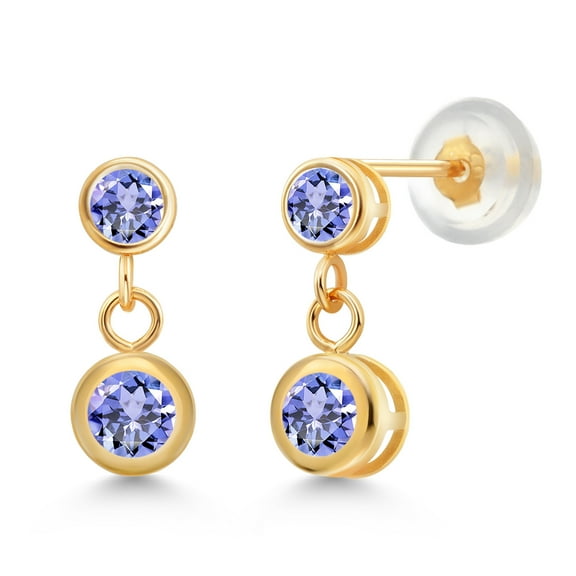 Gem Stone King 14k Yellow Gold Blue Tanzanite and Blue Tanzanite Two Stone Dangle Earrings for Women (0.90 Cttw, Gemstone December Birthstone, Round 4MM, Round 3MM)