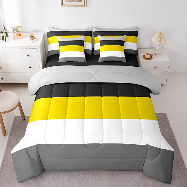 YST Yellow Black Grey Geometric Striped Bedding Set, 7-Piece, Twin