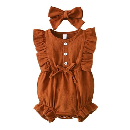 

Newborn Baby Girls Outfits Jumpsuit Sleeveless Bodysuit Solid Color Bow Button Round Neck Romper+ Headband 2PCS Clothes Set 6-9 Months Brown