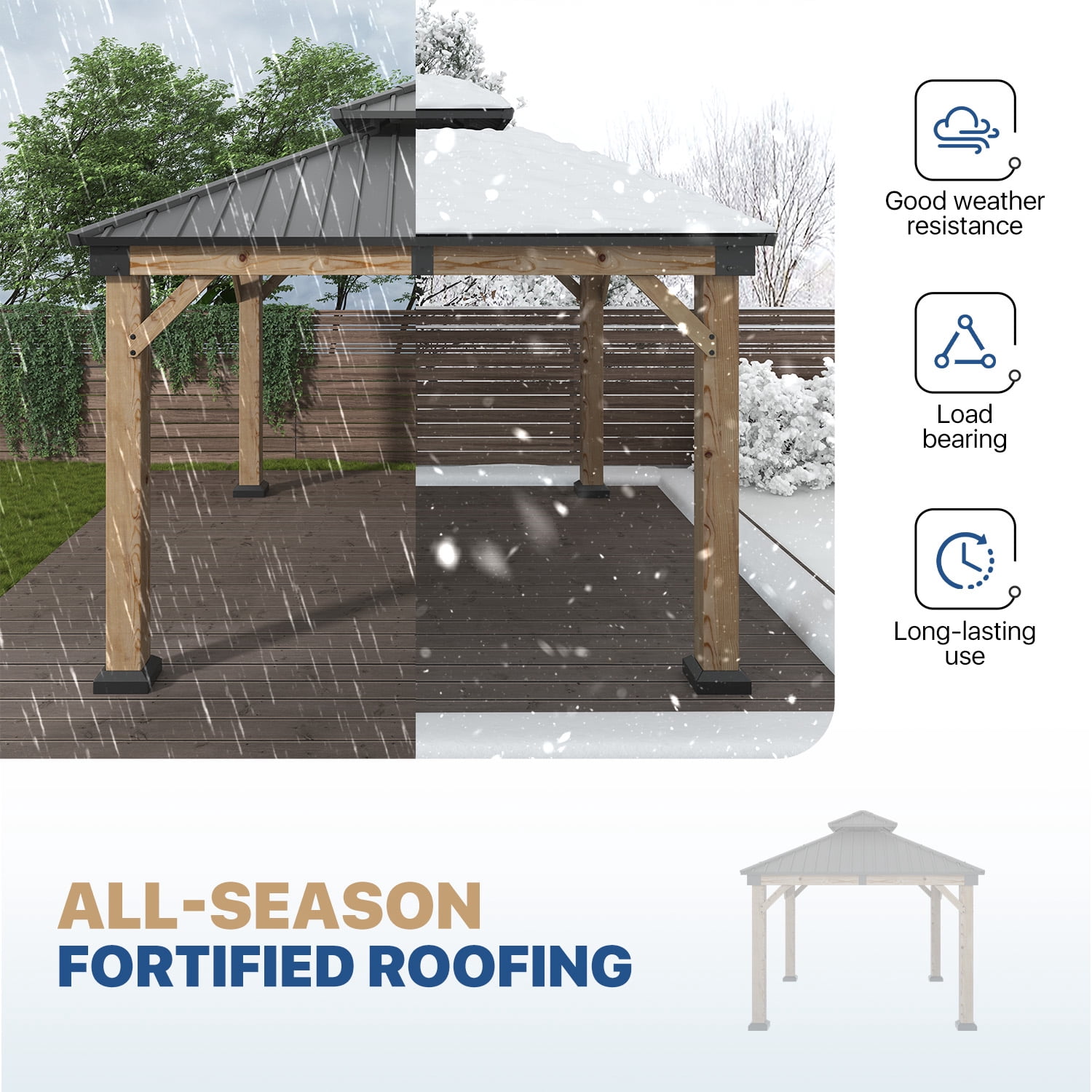 BaPiPro 12x10FT Double Roof Wooden Hardtop Gazebo, Natural Wood Finish, for Patio, Garden and Backyard
