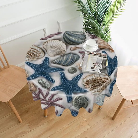 RKSupls 60 Inch Round Tablecloth, Seashells Starfish Beach Premium Polyester Straight Edge Wrinkle Resistant Washable Table Cover for Party Home Dining Decor