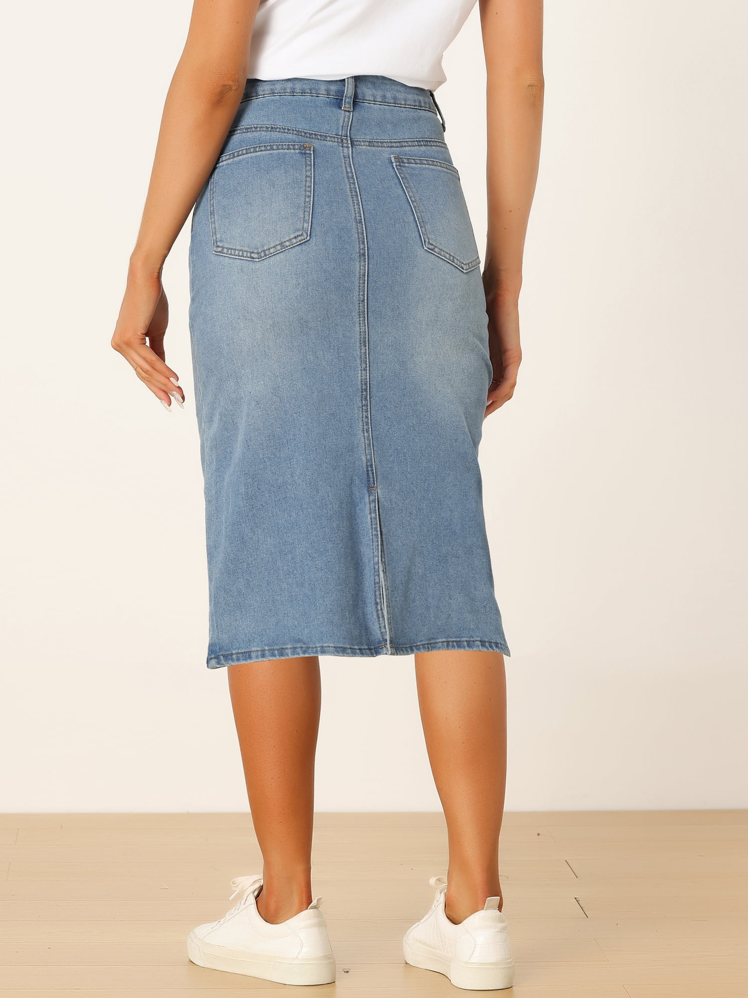 DARING DIVA Women's Denim Split Back Pockets Midi Jean Skirts XL Light Blue