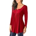 thumbnail image 3 of Camisa de mujer Botón plisado Blusa suelta Camiseta de manga larga Top, rojo vino, XXL sidaley  AP000668-08, 3 of 7