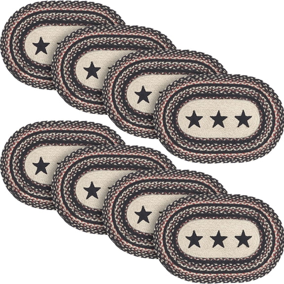 VHC Brands Primitive Colonial Star Table Placemat, Tan Black Red, Jute Blend, Oval, 12x18 Inches, 8 Pack 8 Pack