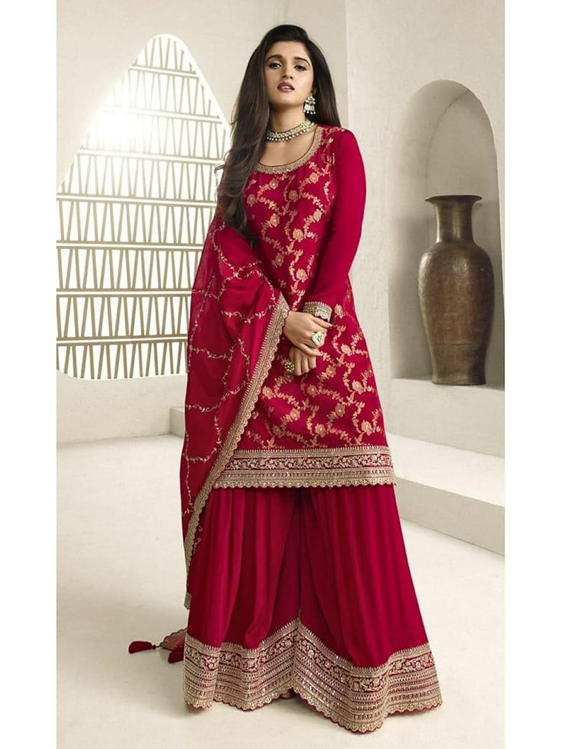 red plazo dress STYLISHFASHION Women's Wear Designer Swen Indian Shalwar Kameez Suits Pakistani Palazzo Dress ( Red, 3XL