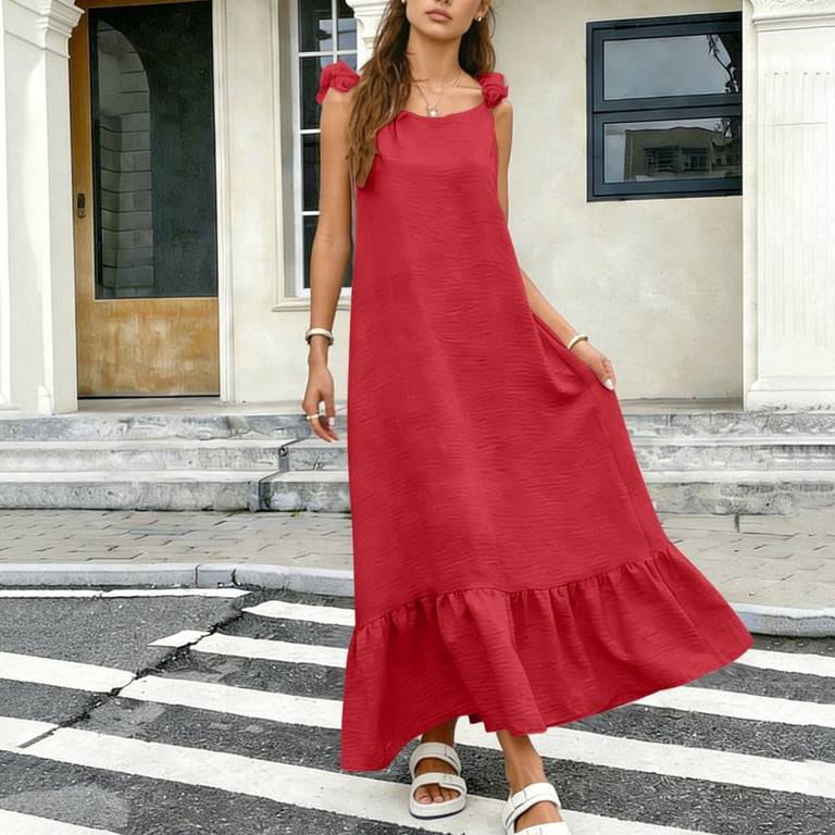 Ryrjj Womens Summer Sleeveless Maxi Dress Scoop Neck Boho Casual Ruffle Strap Cami Dress Flowy Long Beach Sundress with Back Tie(Red,L), Women's, Size