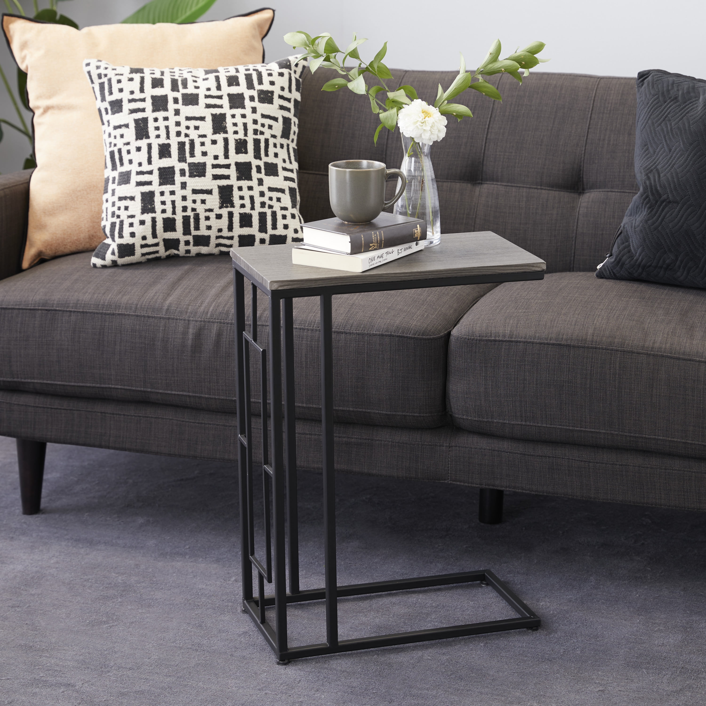 DecMode 19" x 26" Dark Brown Wood C-Shaped Accent Table with Black Metal Base, 1-Piece