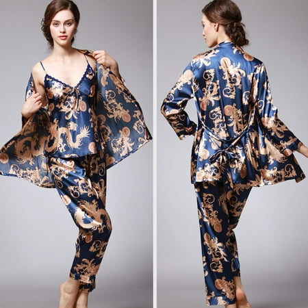 

Mrat Pajama Sets Long-Sleeve Pajama Ladies Simulation Silk Print Pajamas Three-Piece Long-Sleeved Trousers Camisole Female Pajama Set Lounge