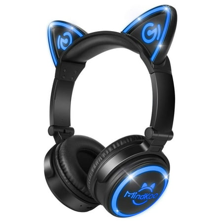 MindKoo Bluetooth Headphones Over Ear - Cat Ear Wireless Headphones with LED Lights, Built-in Microphone and Foldable for iPhone/Smartphones/iPad/TV,