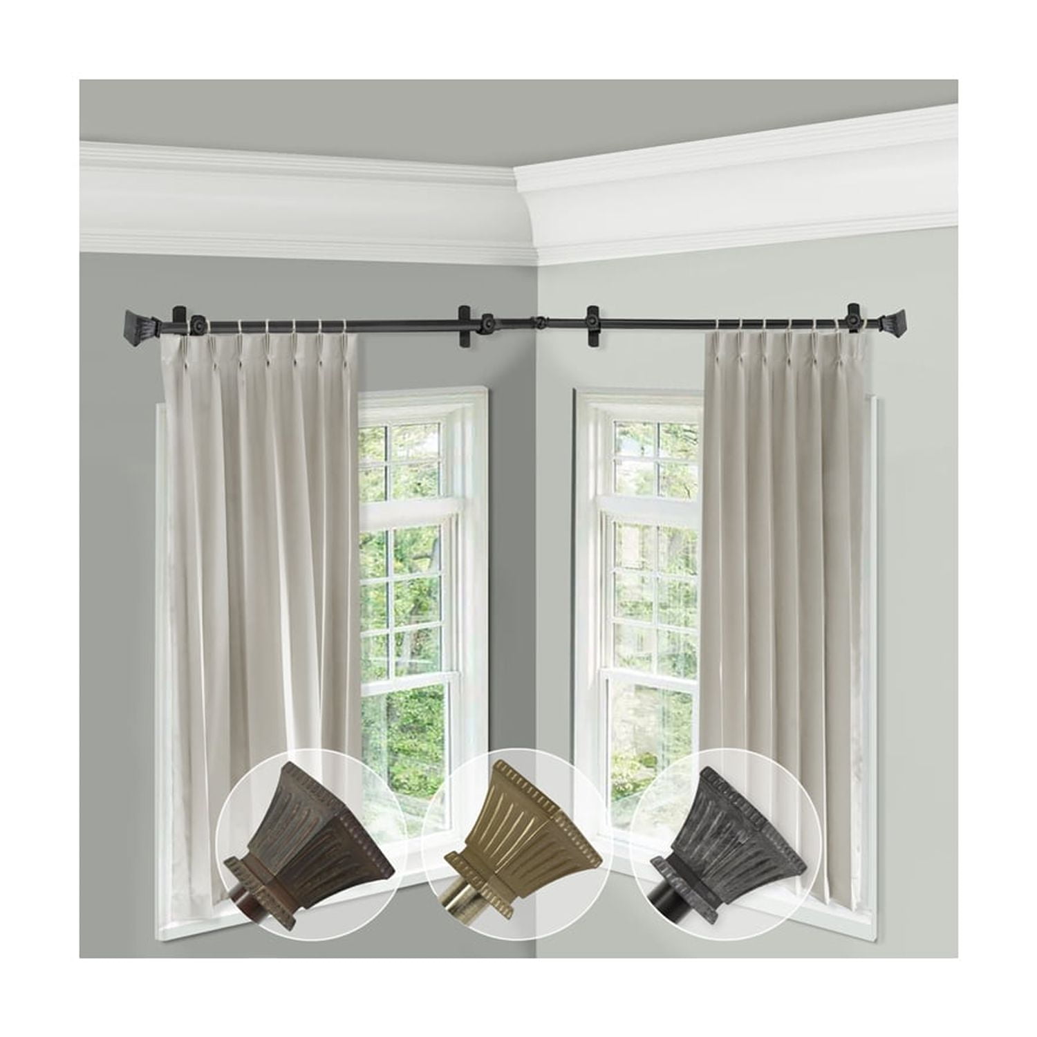 Adjustable Corner Curtain Rod - 66-120 Inch Black Rod, Single Curtain Rod, Decorative Window Rod