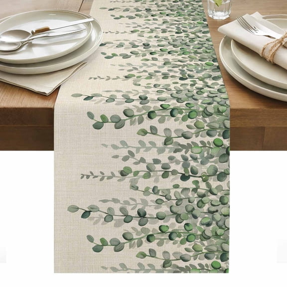 Green Eucalyptus Leaves Table Runner - 90 Inch Long, Kitchen Dining Table Runner Dresser Scarves, Summer Botanical Weeping Rustic Farmhouse Decor for Coffee Tables Wedding Party Banquet