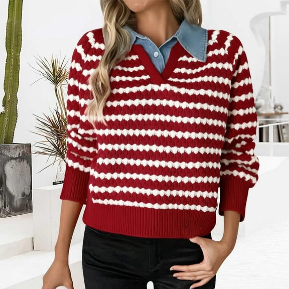 Maqroz Womens Casual Sweaters Long Sleeve Turndown Sweater Fashion Color Block Patchwork Pullover Cute Stripes Pullovers Lightweight Two In One Top