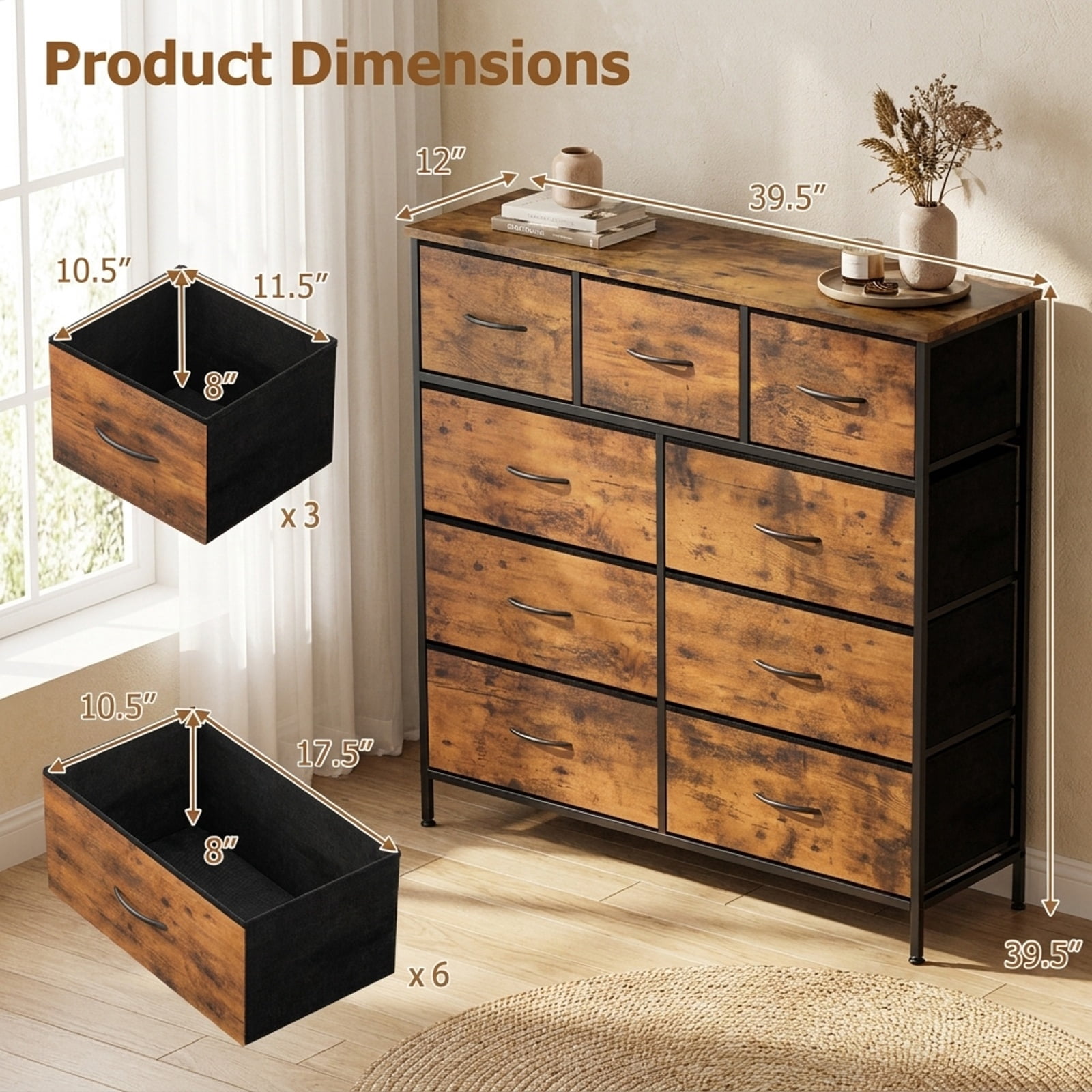 Furnibear 9-Drawer Fabric Dresser with Wooden Top for Bedroom for Bedroom Closet Living Room Nursery Clothes Storage, Rustic Brown