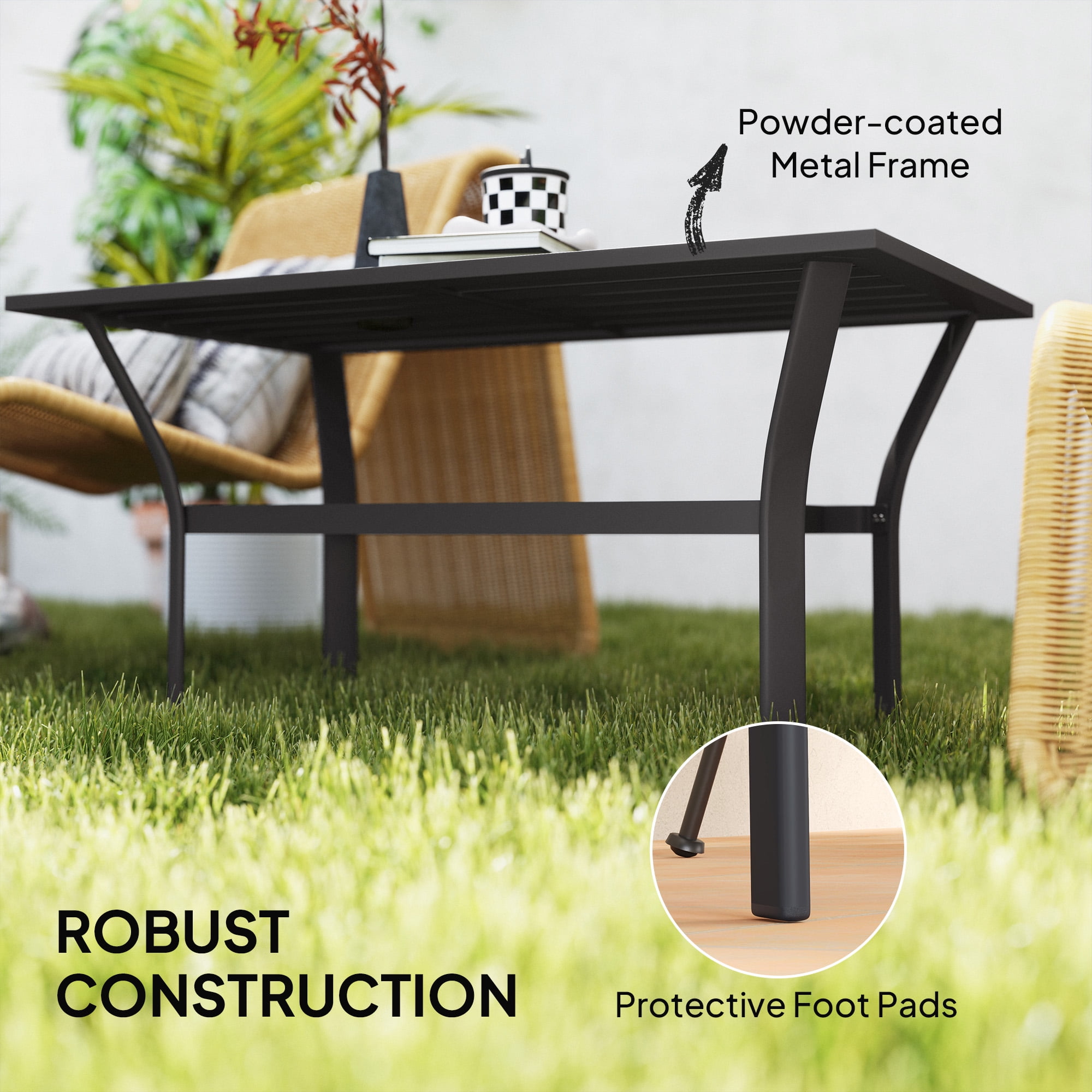 Outsunny Outdoor Coffee Table, All-Weather Rectangle Patio Coffee Table with Slatted Tabletop for Outside, Patio, Black