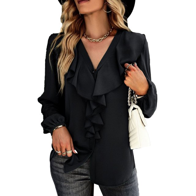 Top Informal Para Mujer, Puños Elásticos, Color Puro, Lavable A Máquina, Elegante, Blusa De Manga Larga Para Uso Diario Para Negocios ANGGREK Cocina, Decoración y Otros