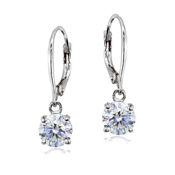 Cubic Zirconia Sterling Silver 6mm Round Solitaire Dangle Leverback