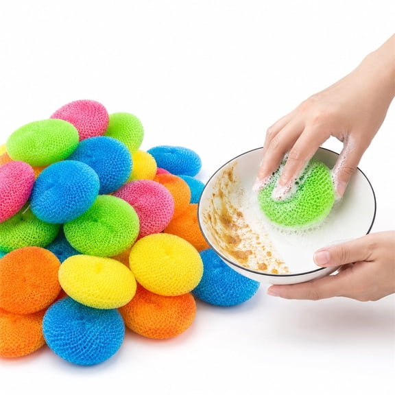Plastic Dish Scrubbers, Round Non Scratch Pads for Dishes Pot, Mesh Dish Scouring Pads, 30Pcs