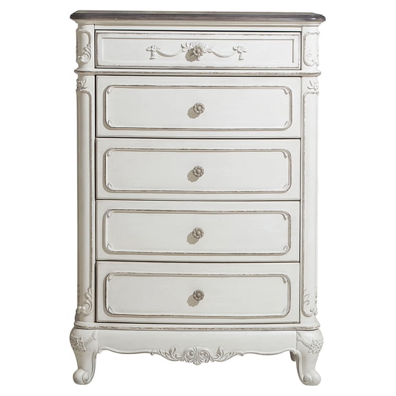 JERFIT Victorian 5-Drawer Storage Chest, Antique White & Oak Finish Wood Dresser, No Assembly Bedroom Furniture