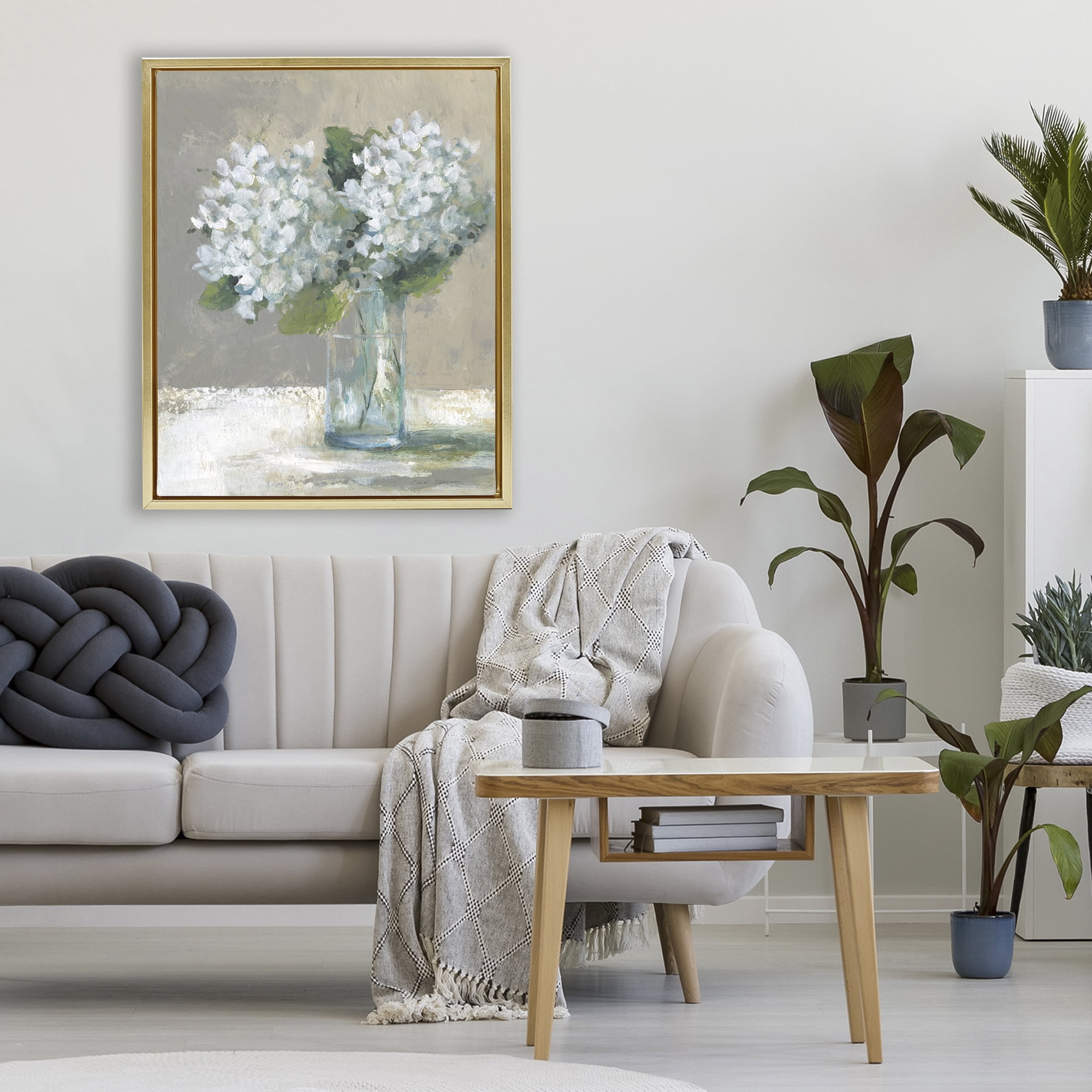 Stupell Industries White Hydrangeas Glass Vase Gold Framed Floater Canvas Wall Art, design by Carol Robinson