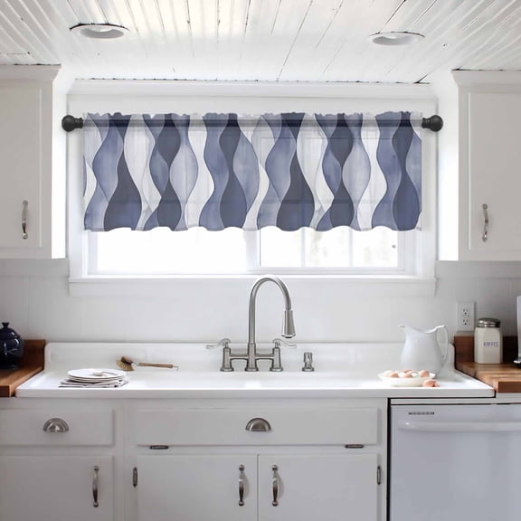 Navy Blue Valance Curtains for Kitchen/Living Room/Bathroom/Bedroom Window, Modern Moire Abstract Ripple Geometric Rod Pocket Small Topper Half Short Window Curtains Voile Sheer Scarf 42"x18"