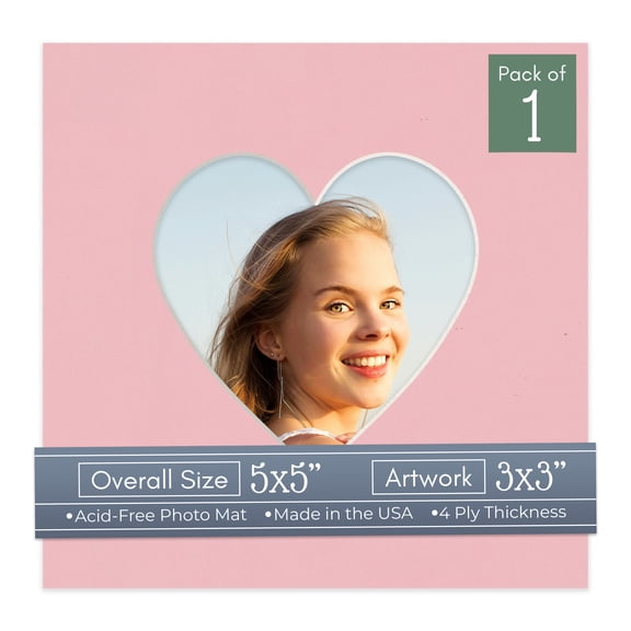 Soft Pink Picture Frame Mat for 5x5 Inch Frames - Heart Opening for 3x3 Photos - 1 Mat