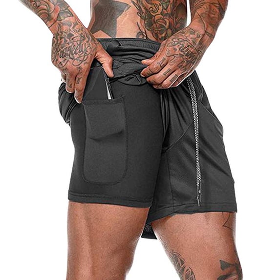Hanerdun Men 2-in-1 Running Sport Shorts with Pocket Quick Dry Workout Short Black