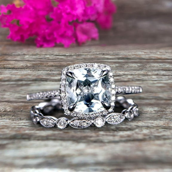 2.55 Carat 7mm Cushion Cut Vintage Looking Aquamarine Engagement Ring with Wedding Band on 10k White Gold