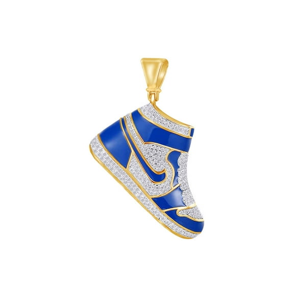 AFFY 1.5 Cttw White Natural Diamond & Blue Enamel Hip Hop Jewelry Shoes Charm Pendant In Sterling Silver