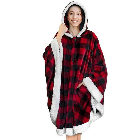 Angel Wrap Hooded Blanket | Poncho Blanket Wrap with Soft Sherpa Fleece | Wearable Blanket Throw Gift with Hood Pockets Cape | Plush Warm Shawl Cozy Gifts for Women Wife (Checker Red)