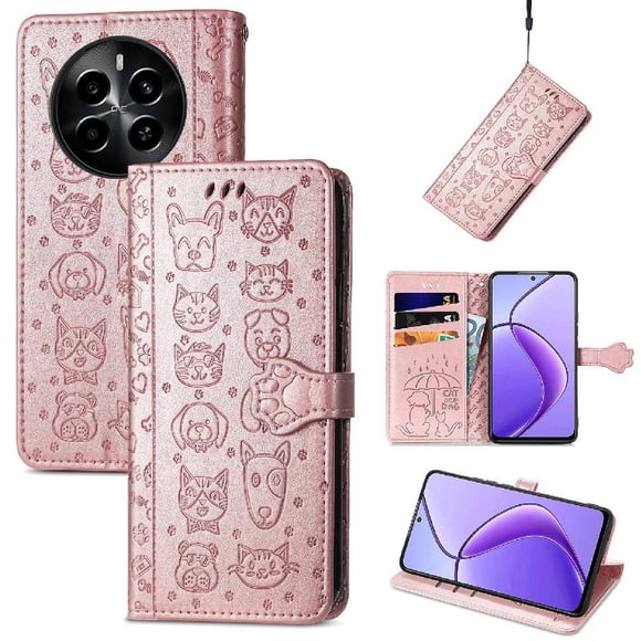 Flip Case for FOXDOCK Realme 13 Pro ,Catand Dog Embossed PU Leather Flip Cover with Card Slots,Stand