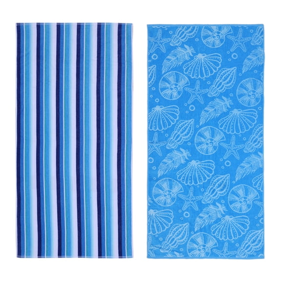 Mainstays 2pk Cotton Beach Towel, 58 x 28 in, Blue Shells & Stripes