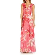 Adrianna Papell V-Neck Cap Sleeves Back Zipper Long Chiffon Dress-PINK MULTI / 14