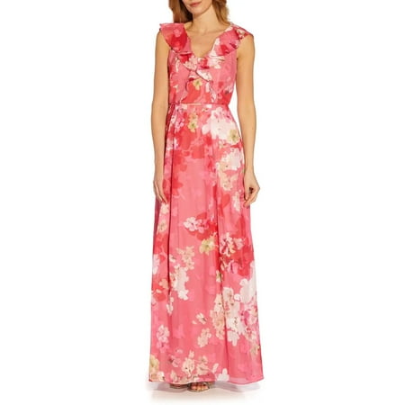 Adrianna Papell V-Neck Cap Sleeves Back Zipper Long Chiffon Dress-PINK MULTI / 14