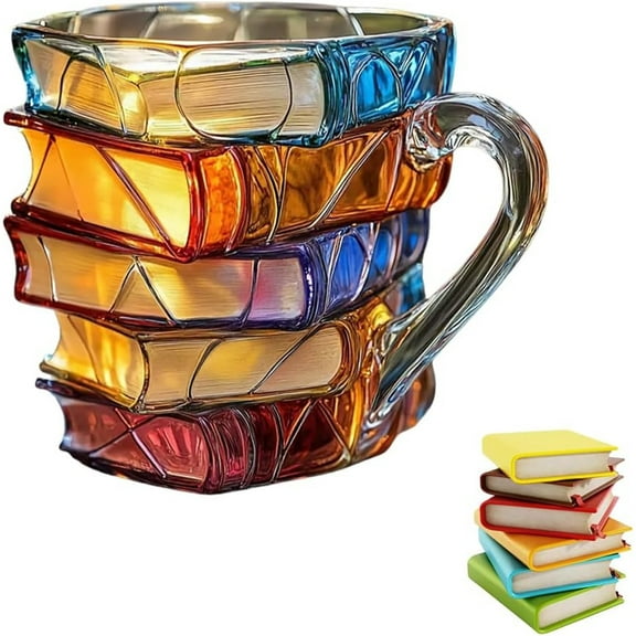 Painted Book Mug - Unique Colorful Resin Stacked Books Coffee Cup - A Collectible Gift for Readers, Librarians, and Literature Lovers - Perfect Novelty Item for Bookworms,Color A