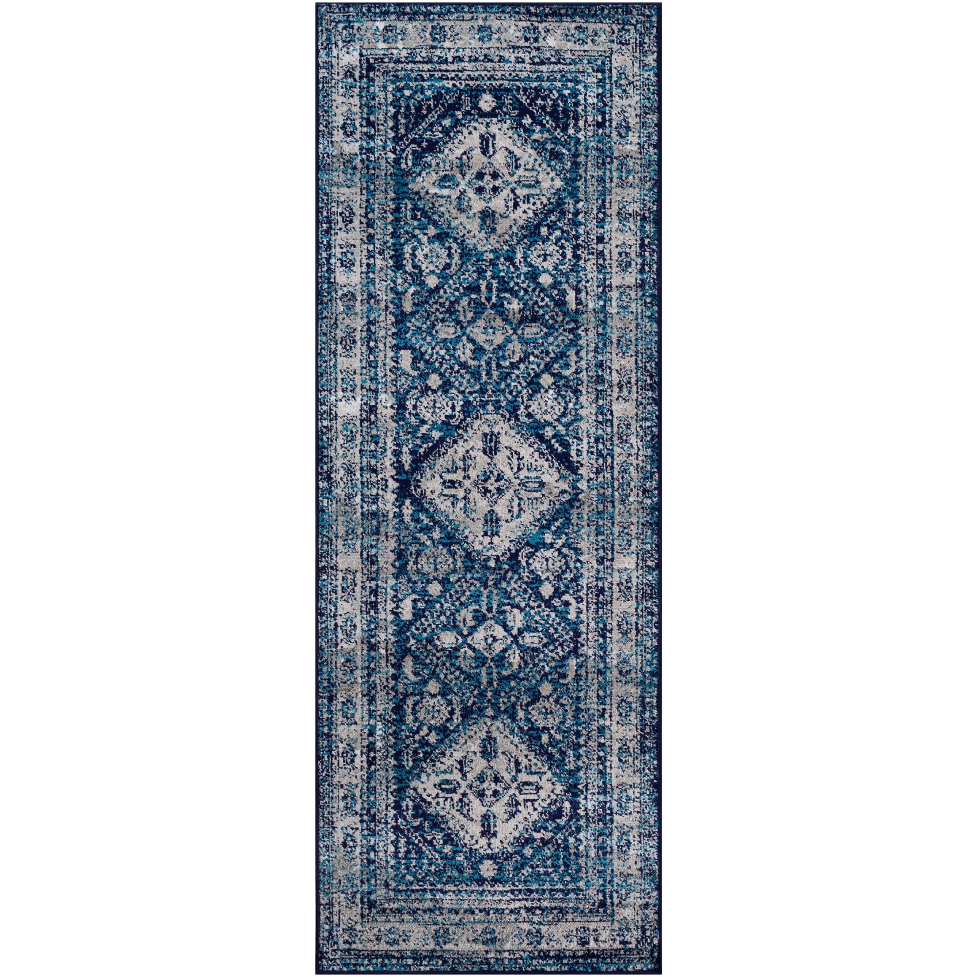 2.5' x 7.25' Traditional Gray and Teal Blue Rectangular Area Throw Rug Runner