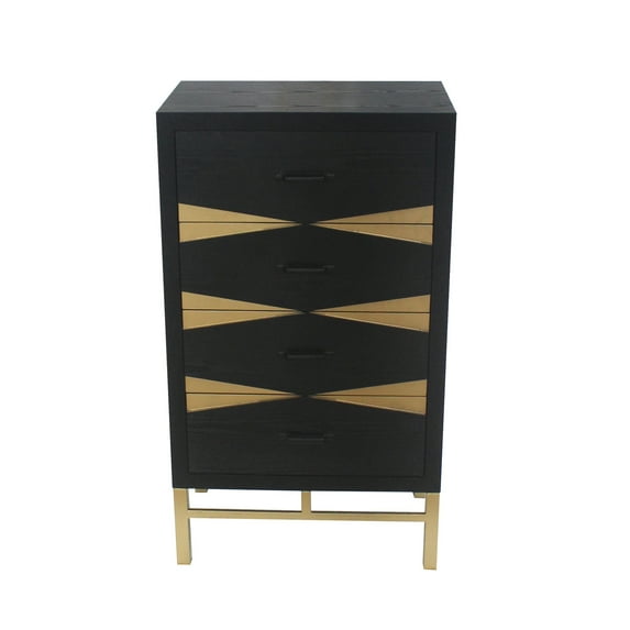 Benzara Wooden Side Table with Metal Base and Four Drawers, Black and Gold