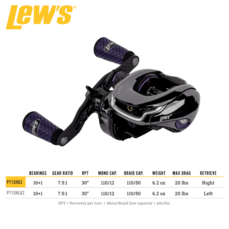 Lew's Team Lew's Pro-Ti Baitcast Reel, 10+1 Stainless Steel Ball Bearings,  7.5:1 Gear Ratio, Right-Hand Retrieve, Titanium Gray/Purple